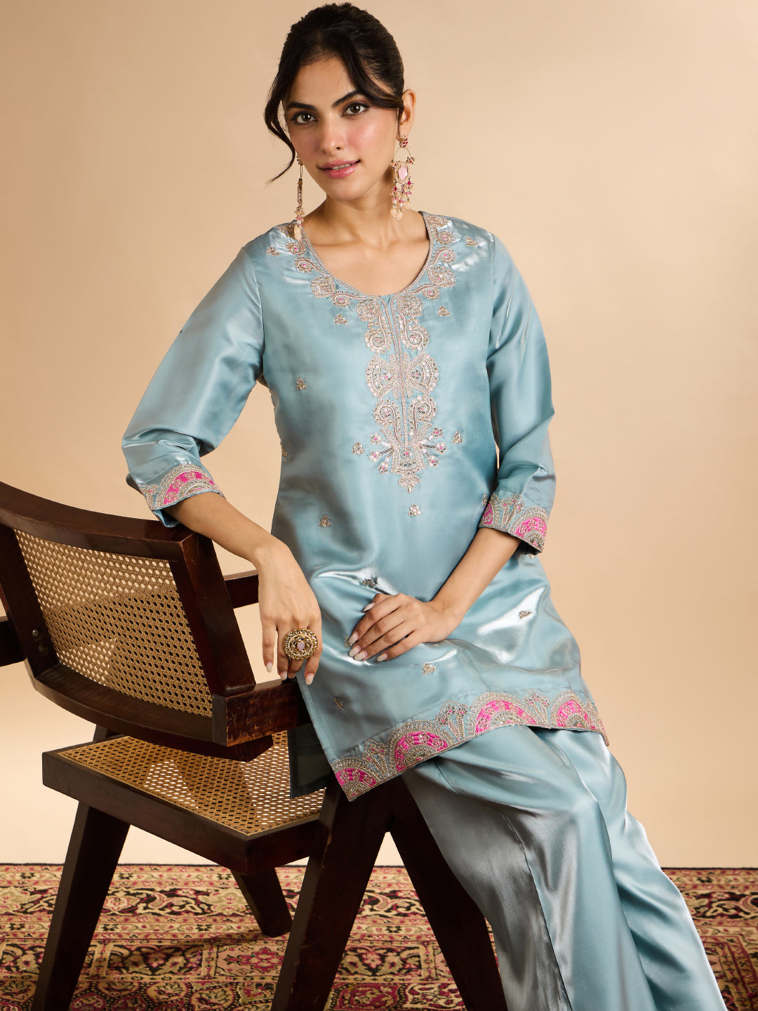 Janasya Women's Sky Blue Silk Blend Floral Zari Embroidered Straight Co-Ord Set