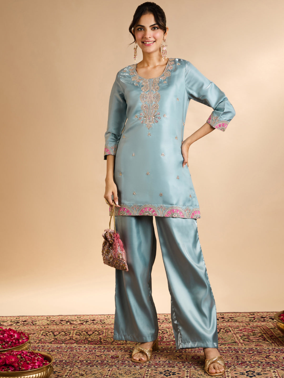 Janasya Women's Sky Blue Silk Blend Floral Zari Embroidered Straight Co-Ord Set