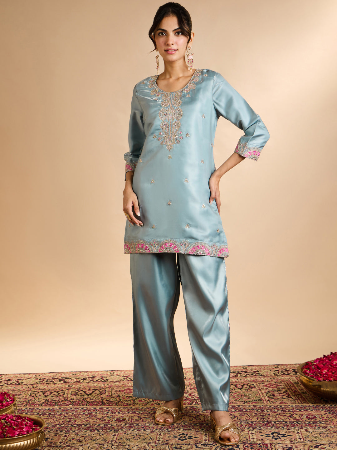 Janasya Women's Sky Blue Silk Blend Floral Zari Embroidered Straight Co-Ord Set