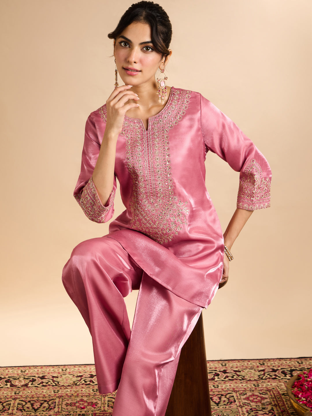 Janasya Women's Pink Silk Blend Floral Zari Embroidered Straight Co-Ord Set