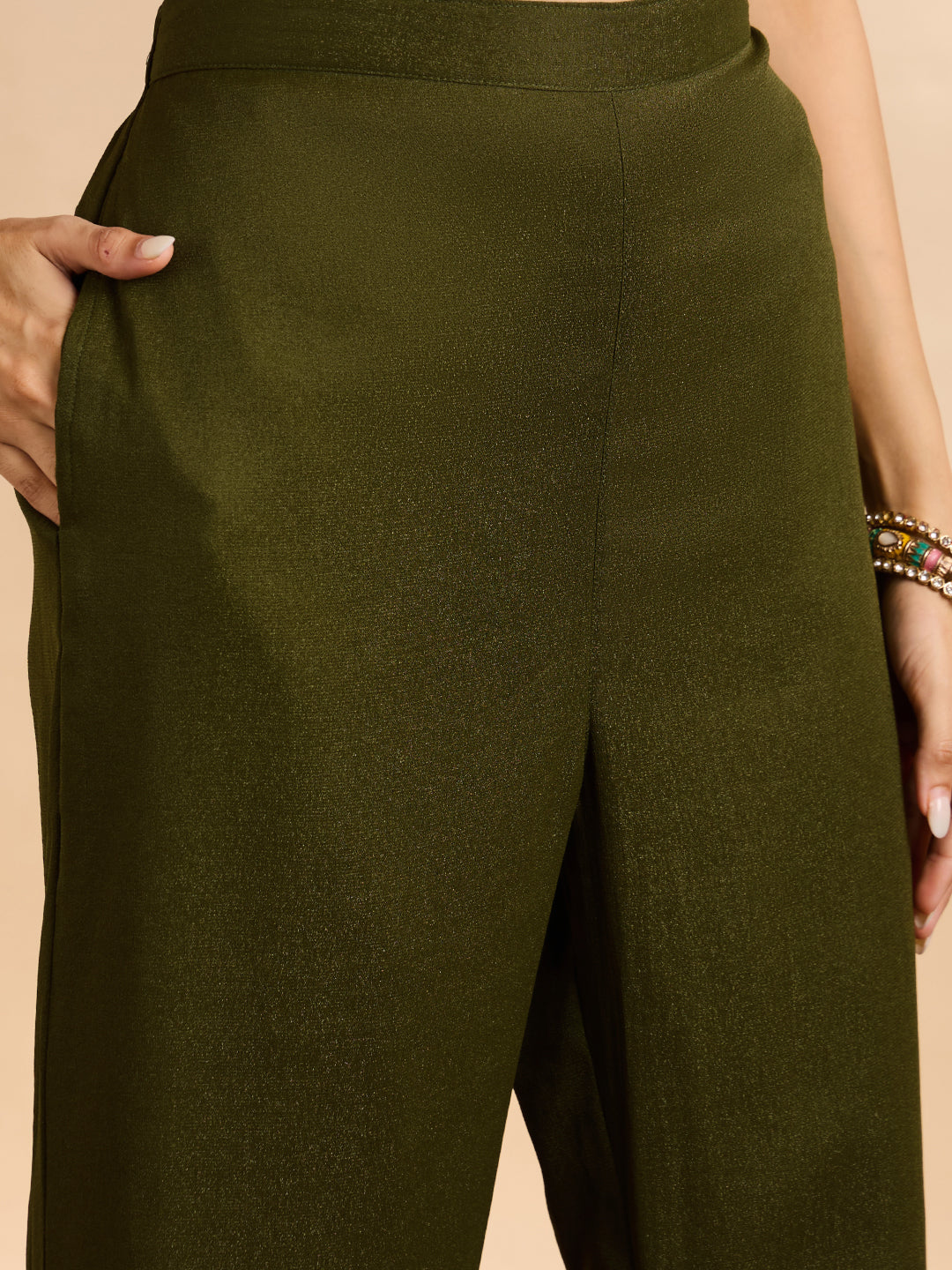 Janasya Women's Olive Green Georgette Floral Embroidered A-Line Co-Ord Set