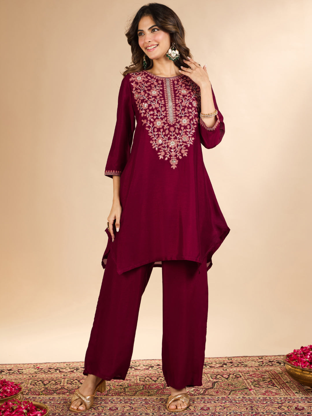 Janasya Women's Maroon Silk Blend Floral Sequins Zari Yoke Embroidered A-Line Co-Ord Set