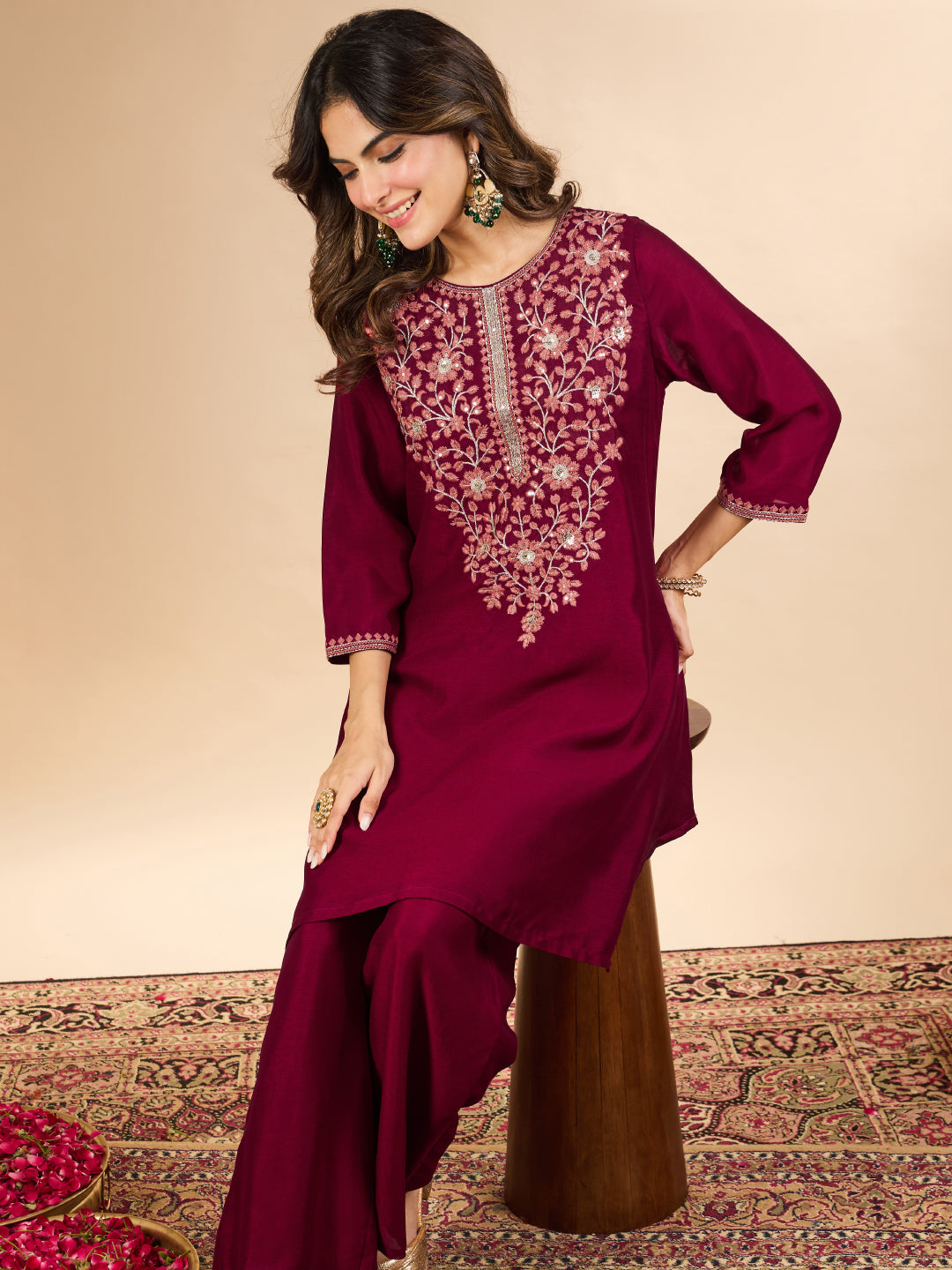 Janasya Women's Maroon Silk Blend Floral Sequins Zari Yoke Embroidered A-Line Co-Ord Set
