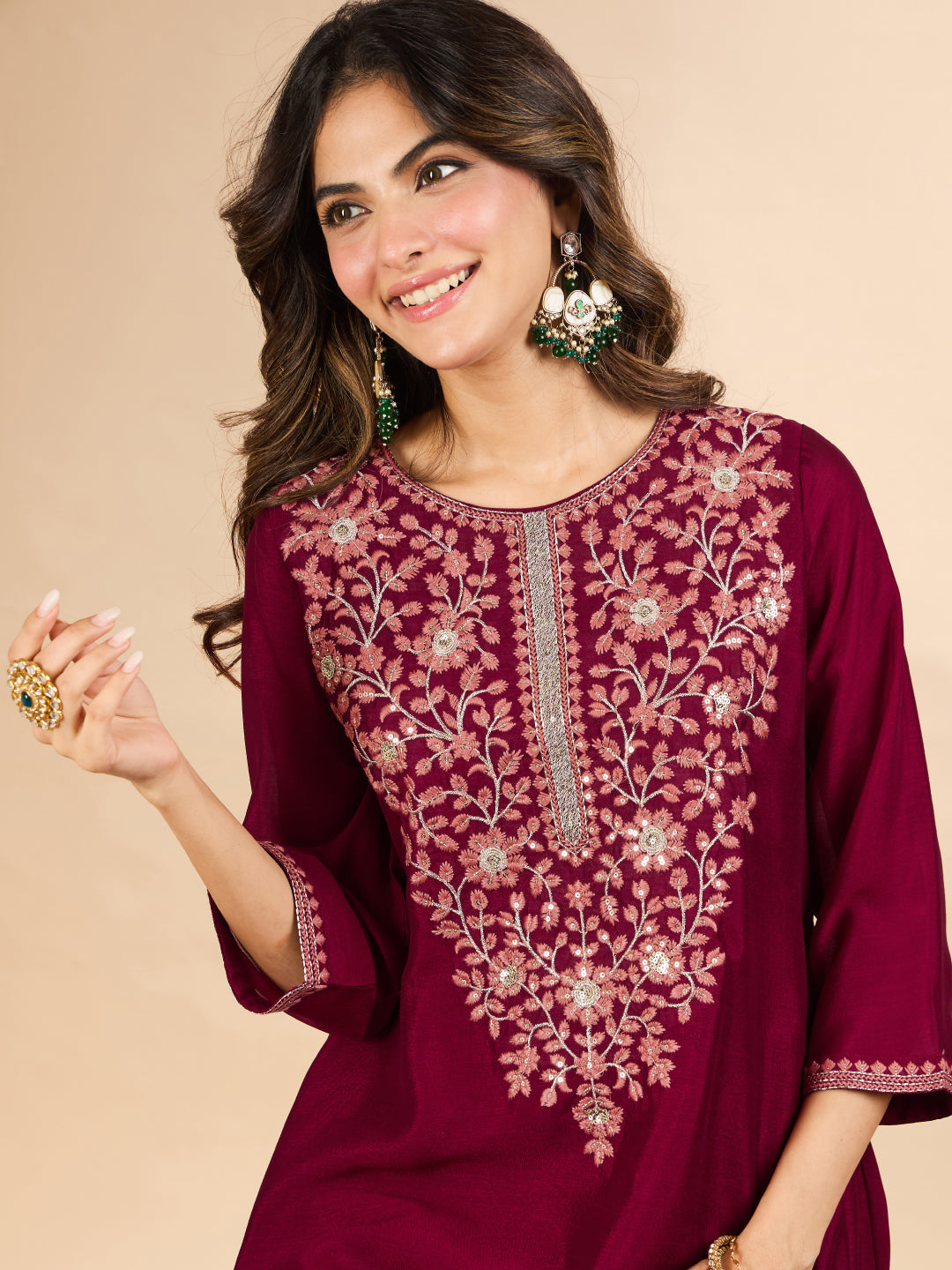Janasya Women's Maroon Silk Blend Floral Sequins Zari Yoke Embroidered A-Line Co-Ord Set