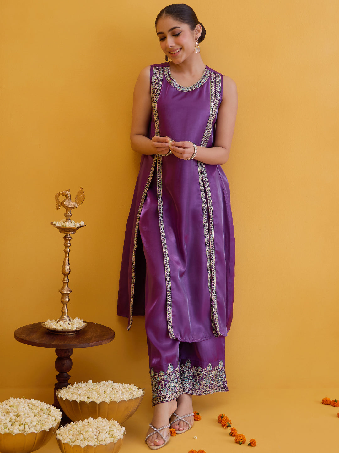 Janasya Women's Purple Silk Blend Zari Embroidered A-Line High Slit Kurta Pant Set