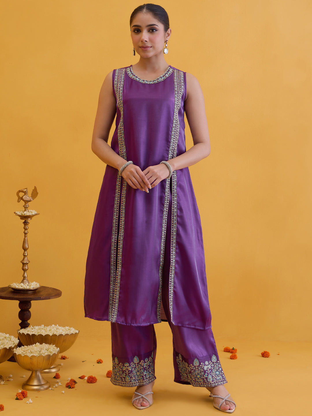 Janasya Women's Purple Silk Blend Zari Embroidered A-Line High Slit Kurta Pant Set