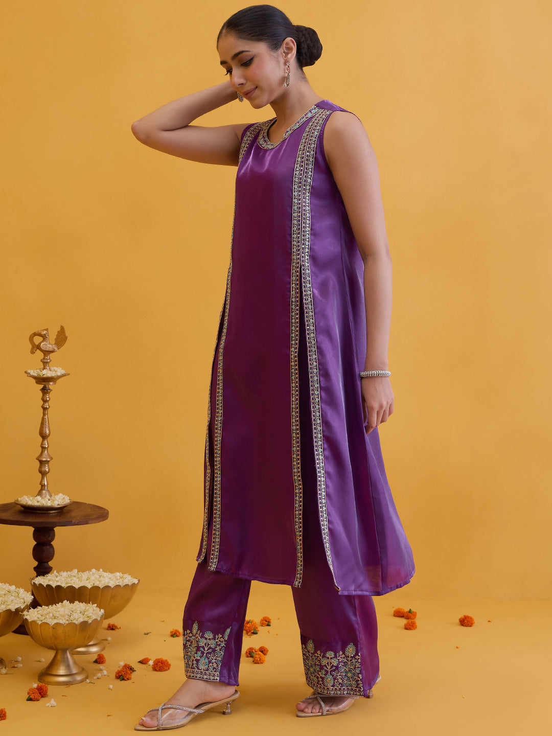 Janasya Women's Purple Silk Blend Zari Embroidered A-Line High Slit Kurta Pant Set