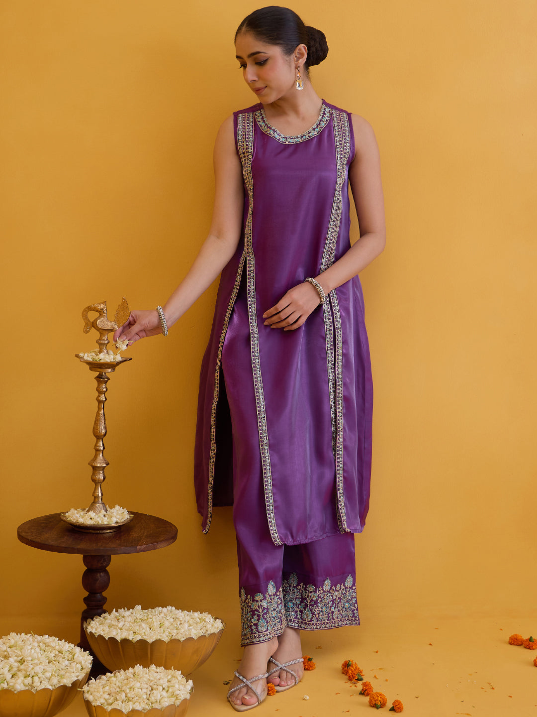 Janasya Women's Purple Silk Blend Zari Embroidered A-Line High Slit Kurta Pant Set