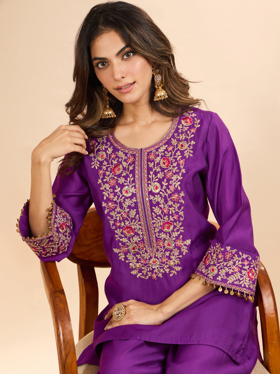 Janasya Women's Purple Chanderi Silk Floral Zari Yoke Embroidered Straight Co-Ord Set