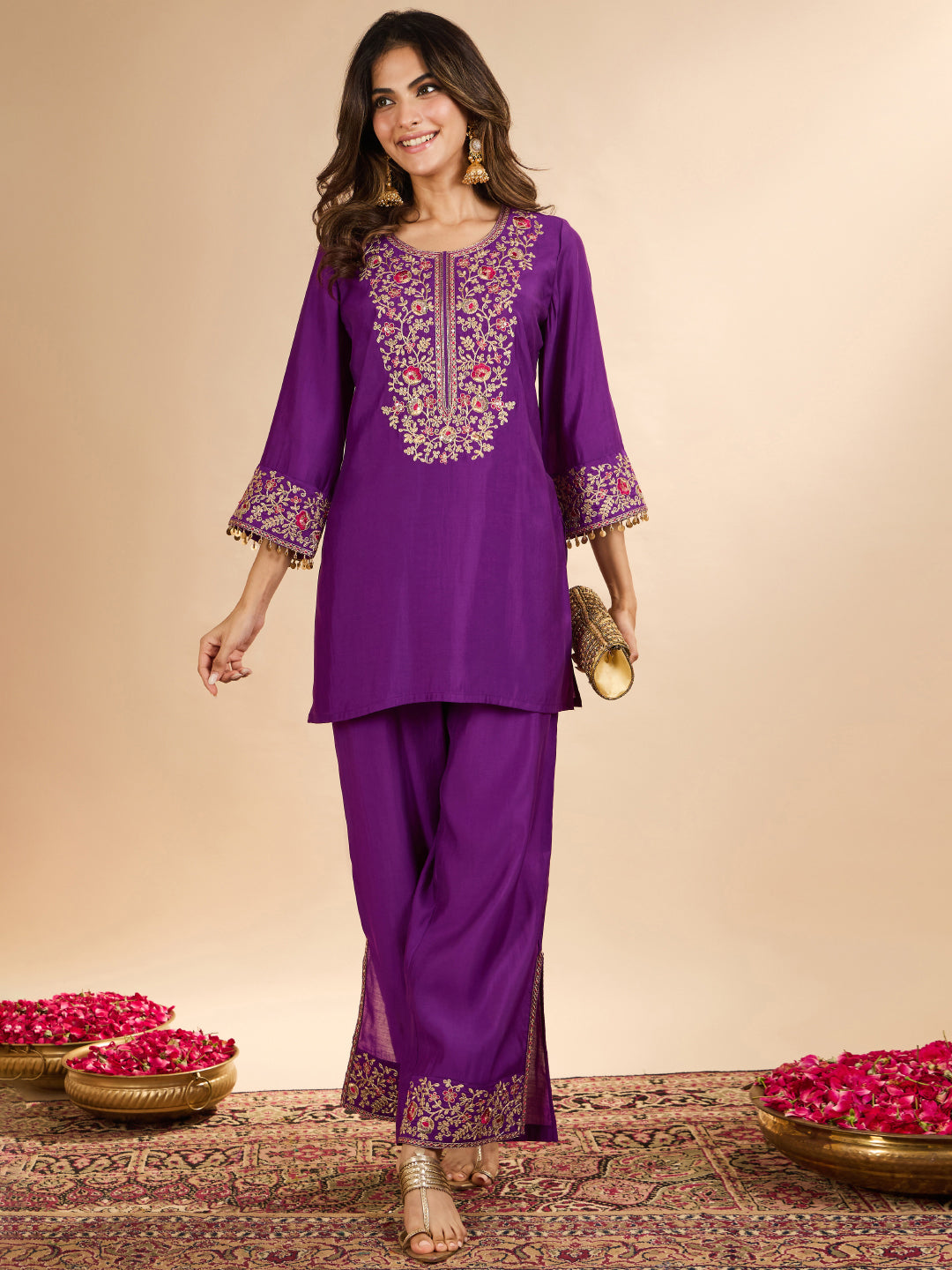 Janasya Women's Purple Chanderi Silk Floral Zari Yoke Embroidered Straight Co-Ord Set