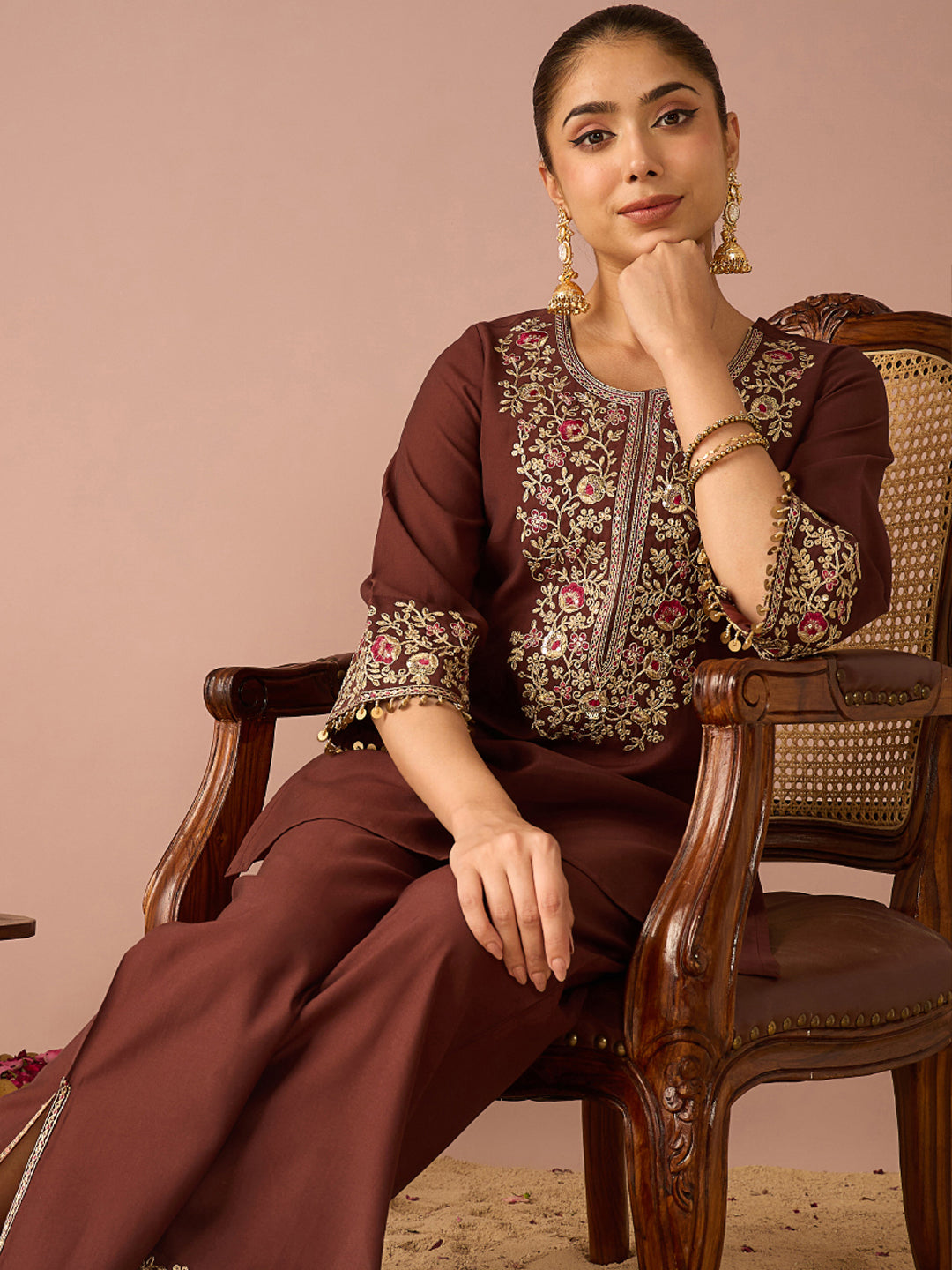 Janasya Women's Brown Chanderi Silk Floral Sequins And Zari Yoke Embroidered Straight Co-Ord Set