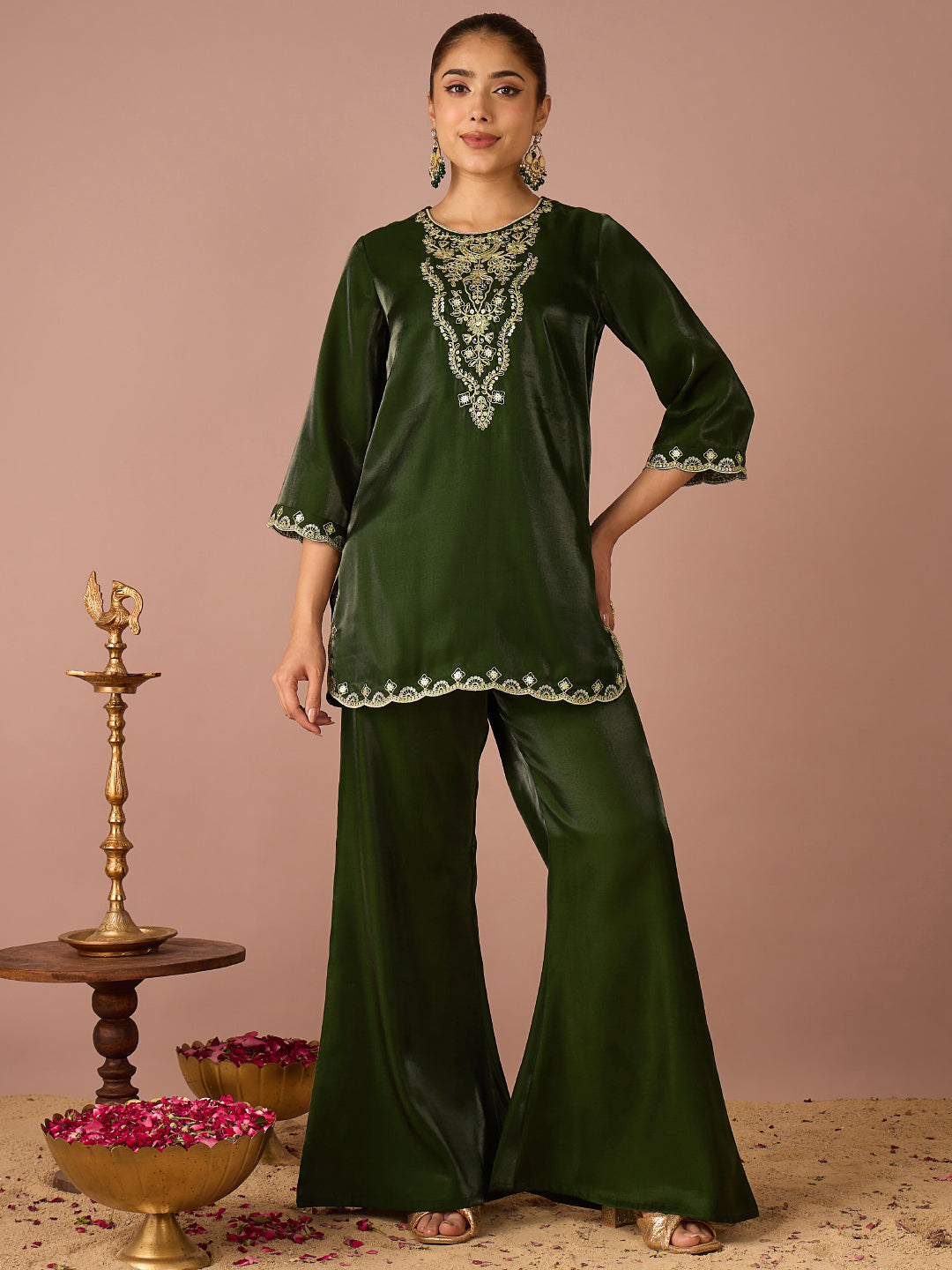 Janasya Women's Bottle Green Silk Blend Zari Yoke Embroidered Straight Co-Ord Set