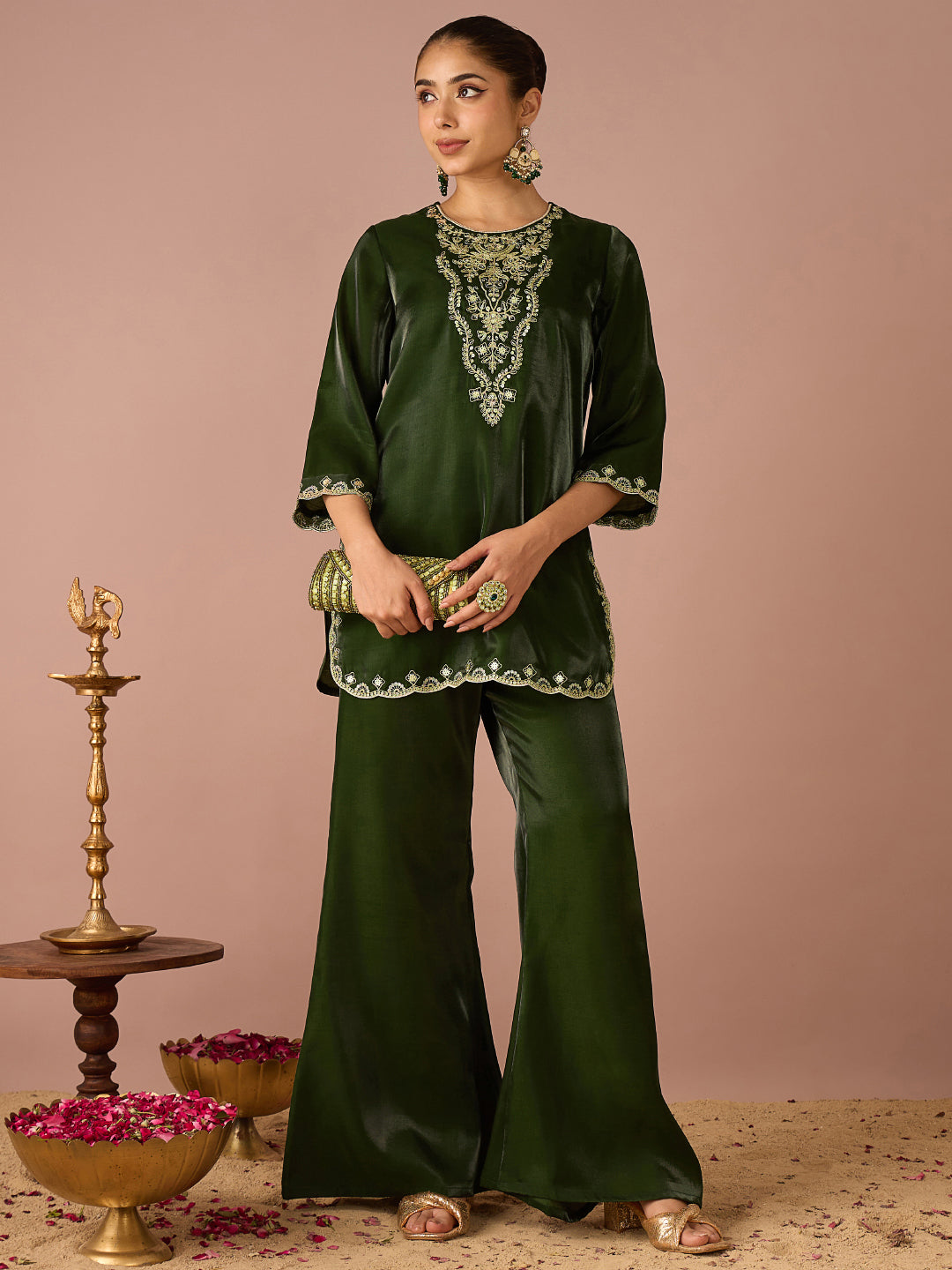 Janasya Women's Bottle Green Silk Blend Zari Yoke Embroidered Straight Co-Ord Set