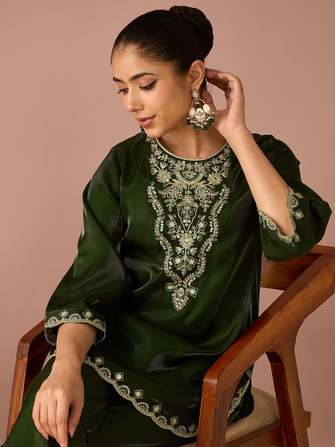 Janasya Women's Bottle Green Silk Blend Zari Yoke Embroidered Straight Co-Ord Set