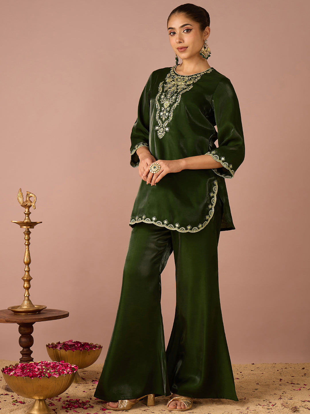 Janasya Women's Bottle Green Silk Blend Zari Yoke Embroidered Straight Co-Ord Set