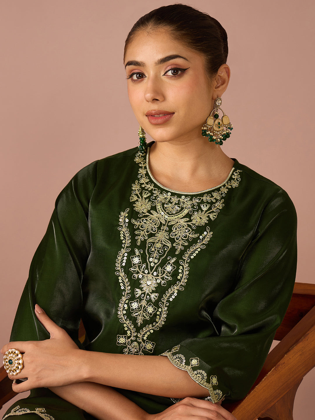 Janasya Women's Bottle Green Silk Blend Zari Yoke Embroidered Straight Co-Ord Set