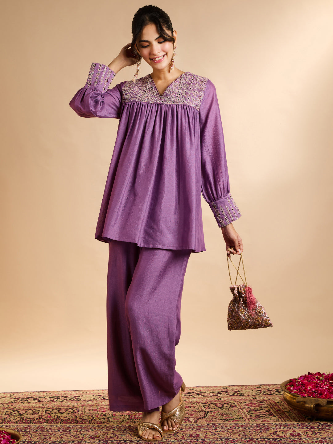 Janasya Women's Lavender Silk Blend Zari Yoke Embroidered A-Line Co-Ord Set