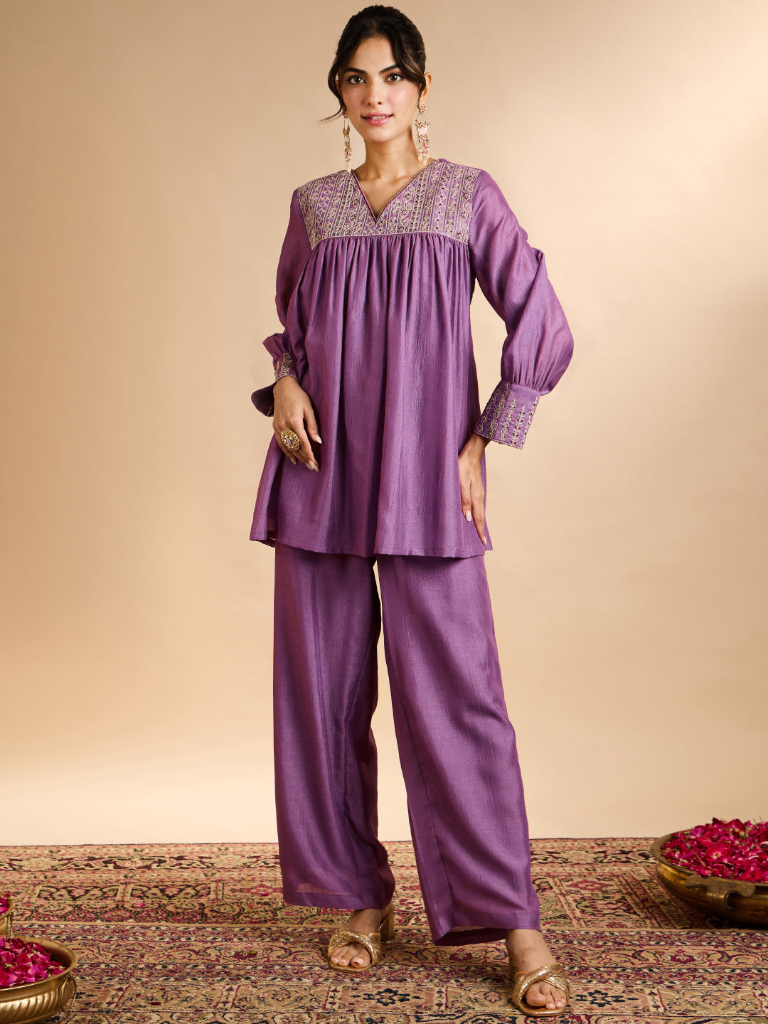 Janasya Women's Lavender Silk Blend Zari Yoke Embroidered A-Line Co-Ord Set