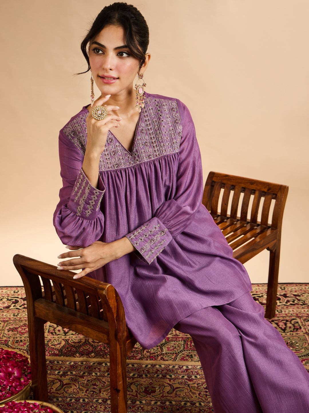 Janasya Women's Lavender Silk Blend Zari Yoke Embroidered A-Line Co-Ord Set