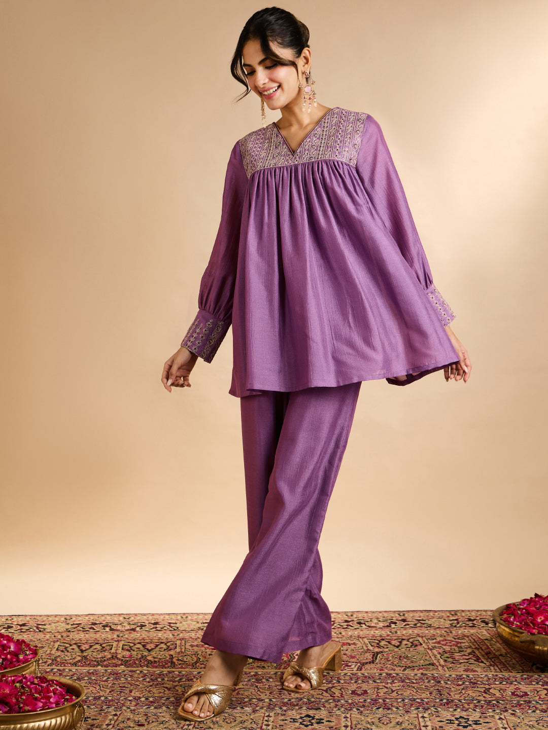 Janasya Women's Lavender Silk Blend Zari Yoke Embroidered A-Line Co-Ord Set