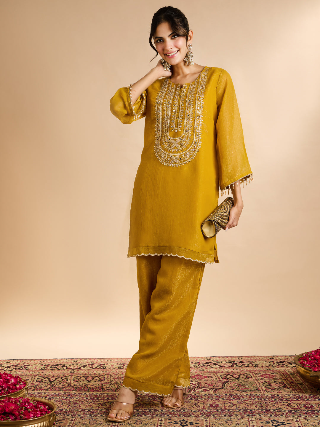 Janasya Women's Mustard Yellow Tissue Silk Beads Mirror Work Yoke Embroidered Straight Co-Ord Set