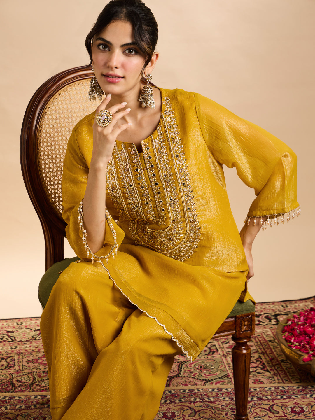 Janasya Women's Mustard Yellow Tissue Silk Beads Mirror Work Yoke Embroidered Straight Co-Ord Set