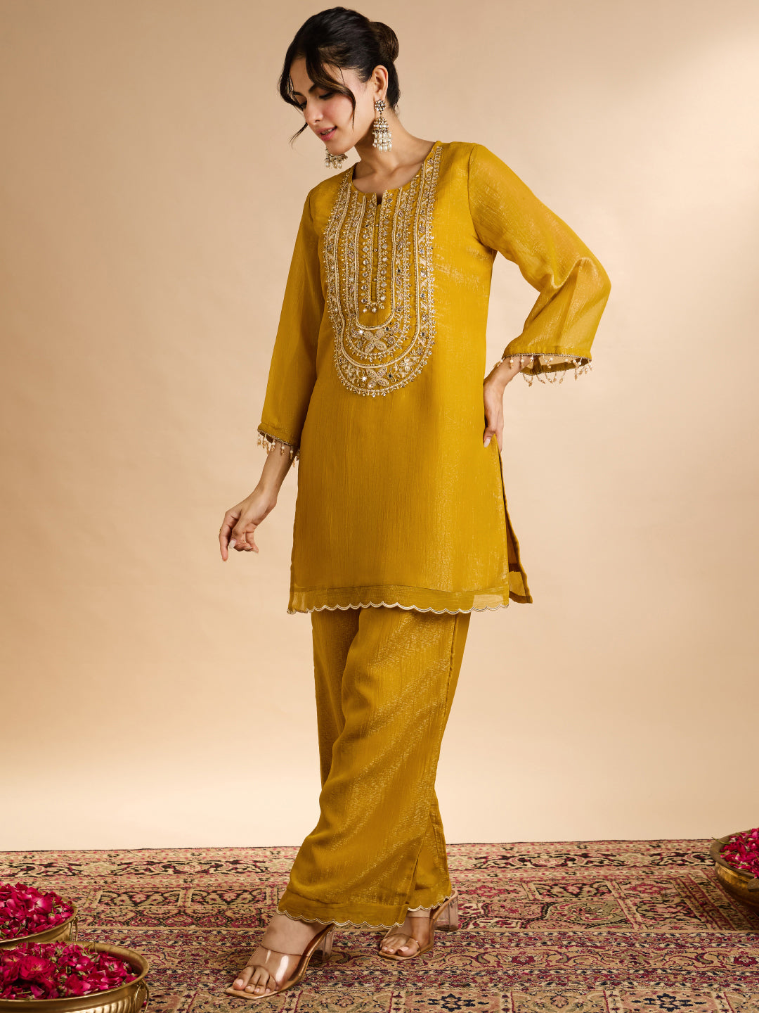 Janasya Women's Mustard Yellow Tissue Silk Beads Mirror Work Yoke Embroidered Straight Co-Ord Set