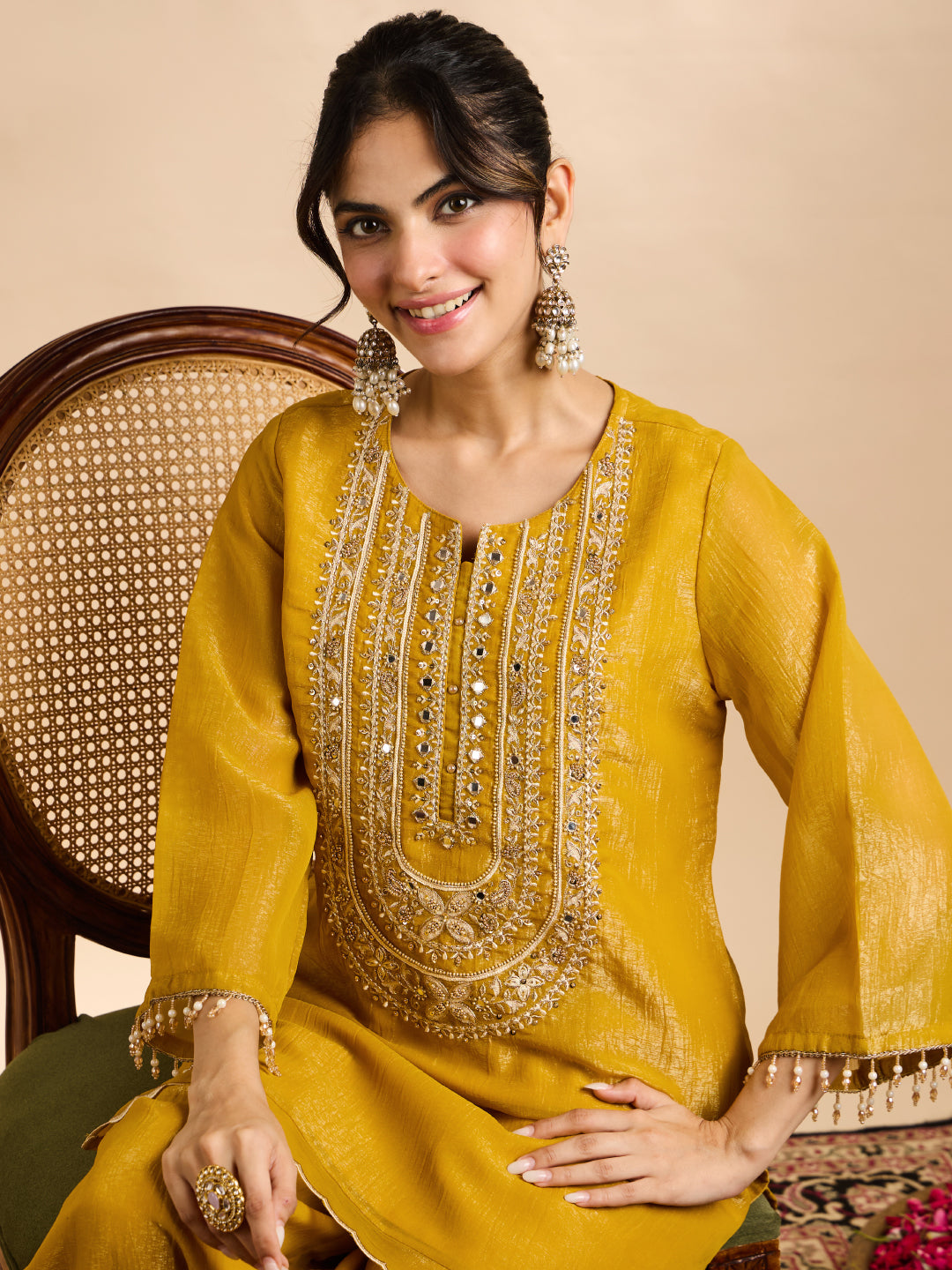 Janasya Women's Mustard Yellow Tissue Silk Beads Mirror Work Yoke Embroidered Straight Co-Ord Set