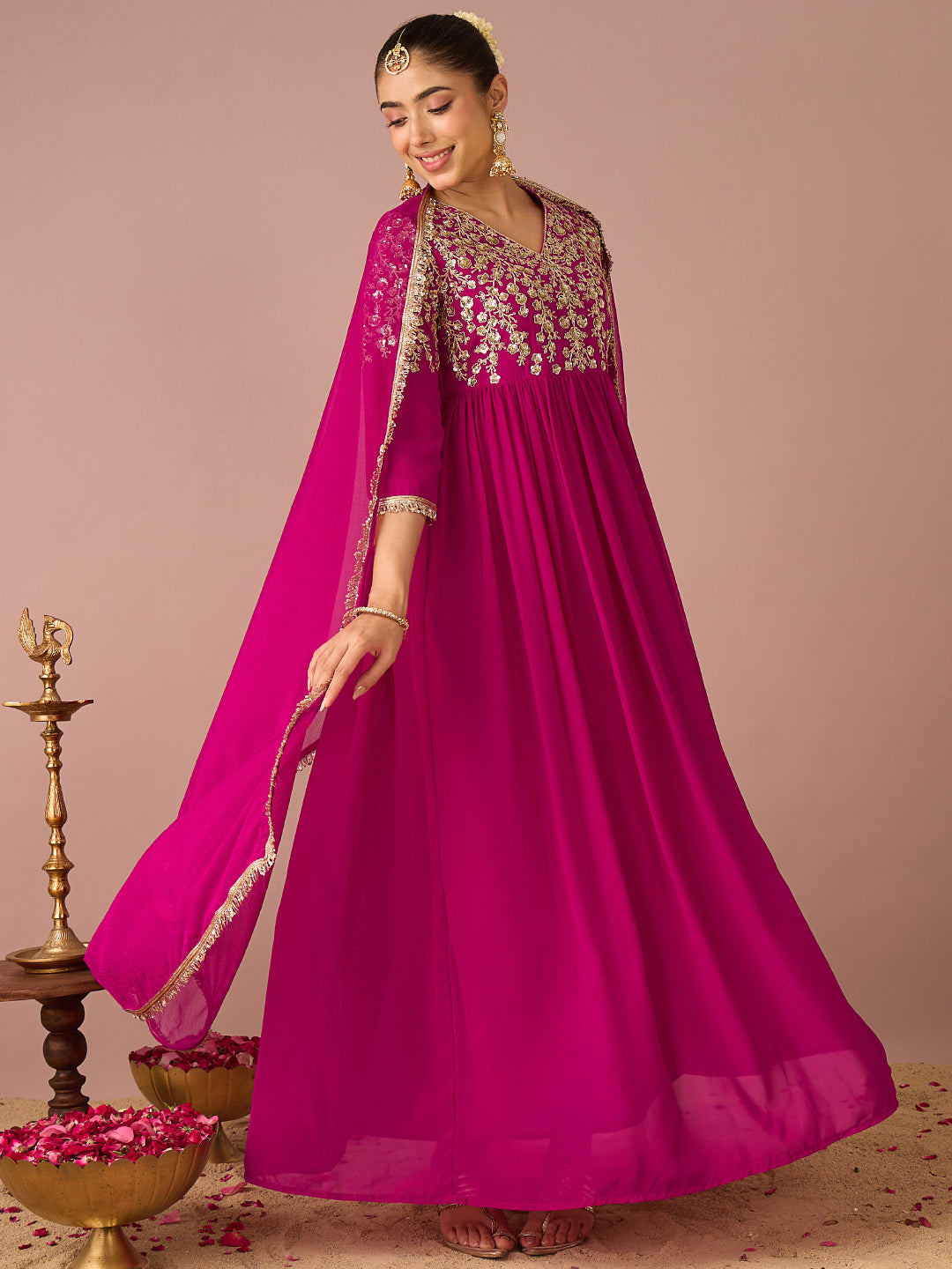 Janasya Women's Magenta Georgette Floral Sequins And Zari Embroidered A-Line Gown with Dupatta Set