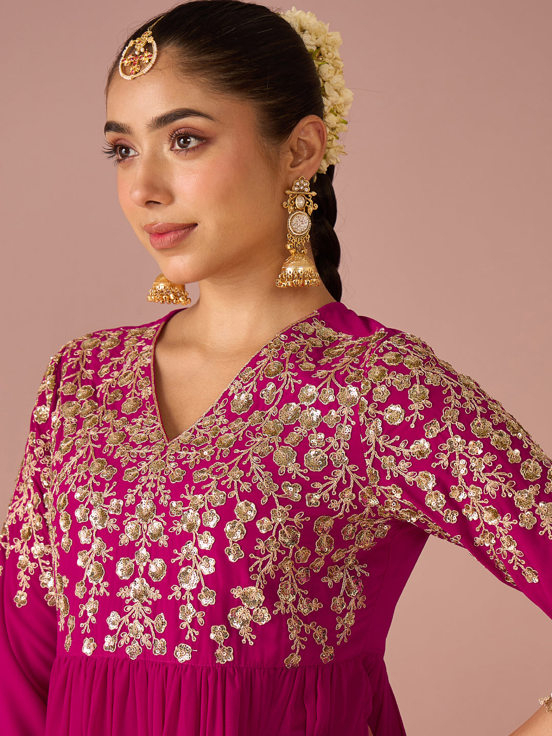 Janasya Women's Magenta Georgette Floral Sequins And Zari Embroidered A-Line Gown with Dupatta Set