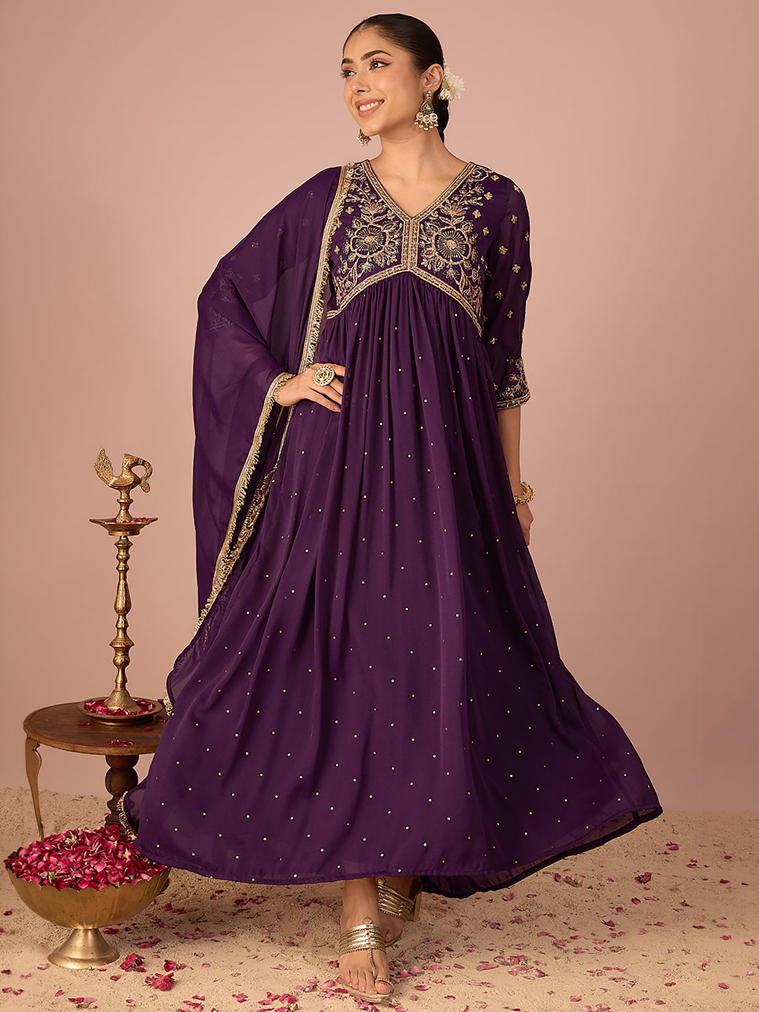 Janasya Women's Wine Georgette Zari Embroidered Foil Printed A-Line Gown with Dupatta Set