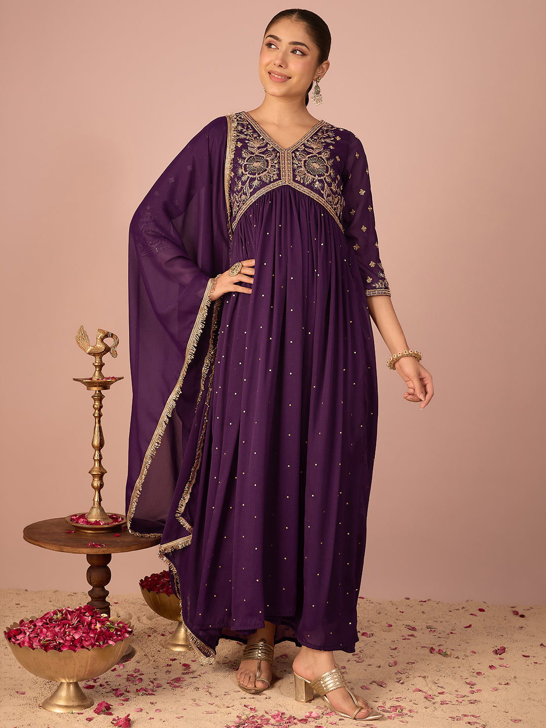 Janasya Women's Wine Georgette Zari Embroidered Foil Printed A-Line Gown with Dupatta Set