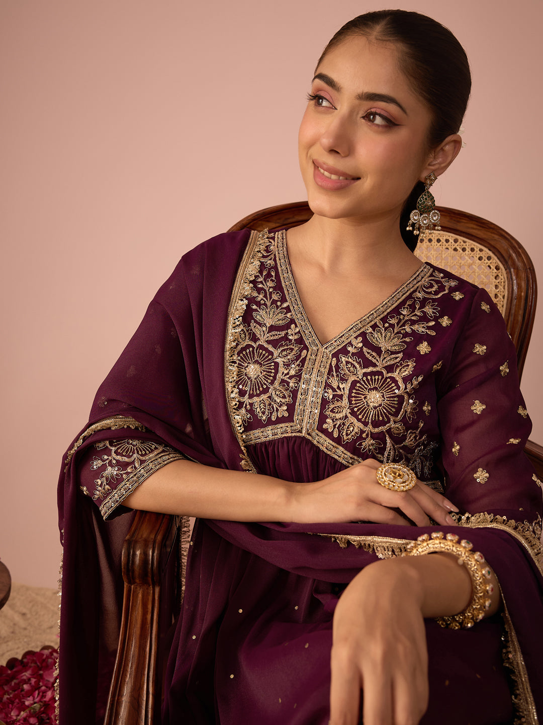 Janasya Women's Wine Georgette Zari Embroidered Foil Printed A-Line Gown with Dupatta Set