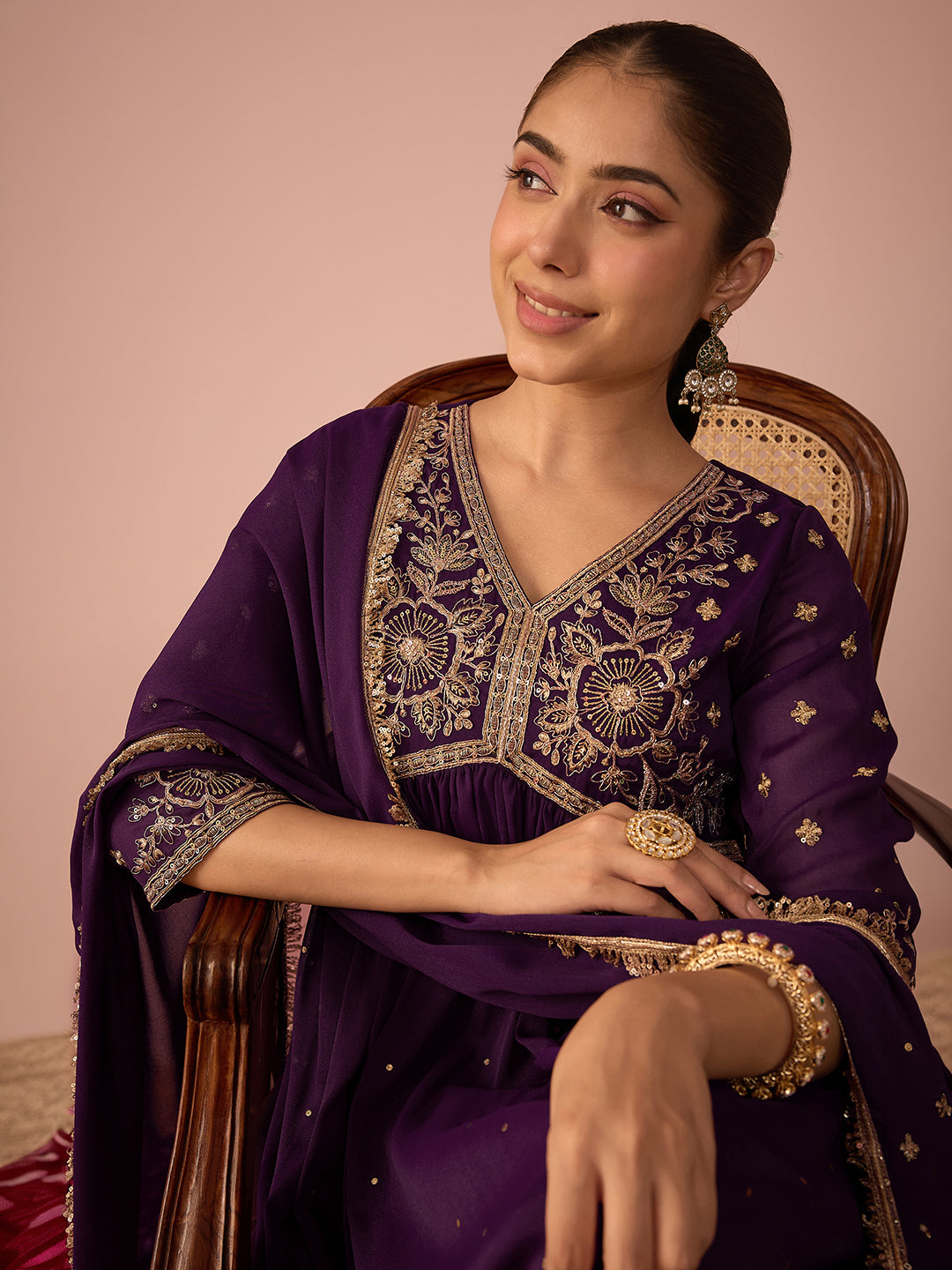 Janasya Women's Wine Georgette Zari Embroidered Foil Printed A-Line Gown with Dupatta Set
