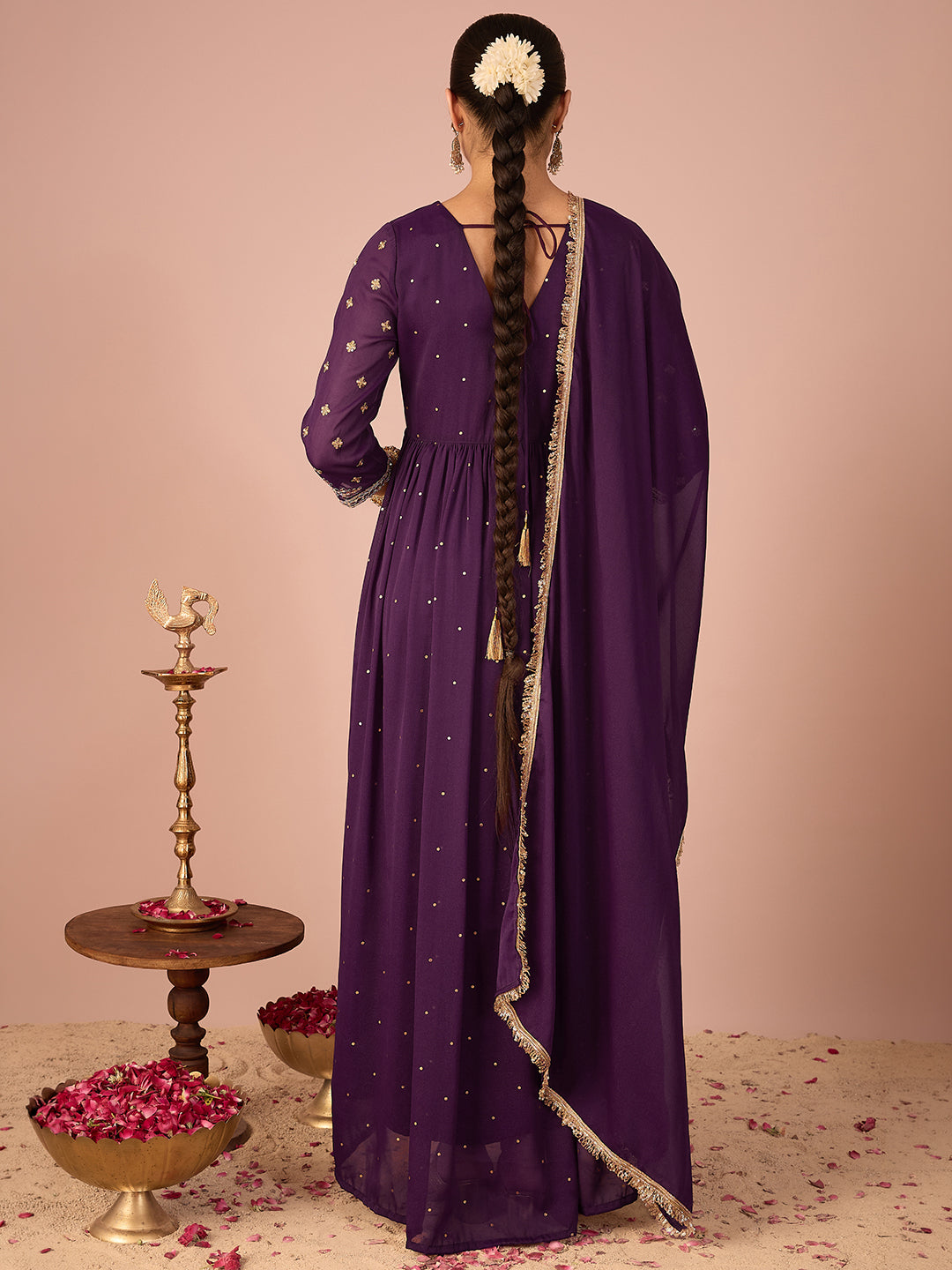 Janasya Women's Wine Georgette Zari Embroidered Foil Printed A-Line Gown with Dupatta Set