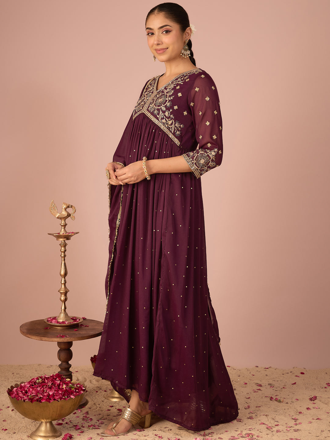 Janasya Women's Wine Georgette Zari Embroidered Foil Printed A-Line Gown with Dupatta Set