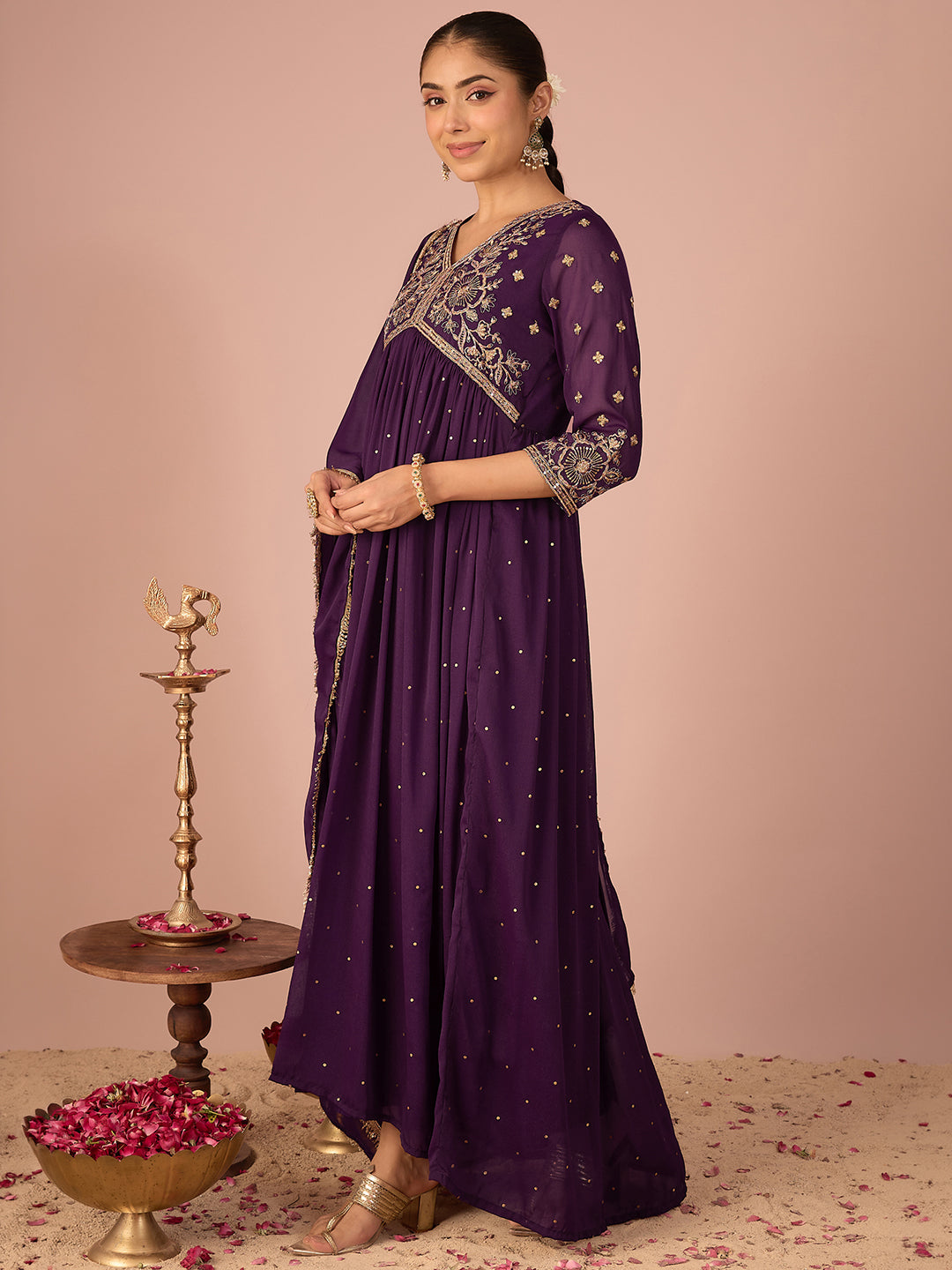 Janasya Women's Wine Georgette Zari Embroidered Foil Printed A-Line Gown with Dupatta Set
