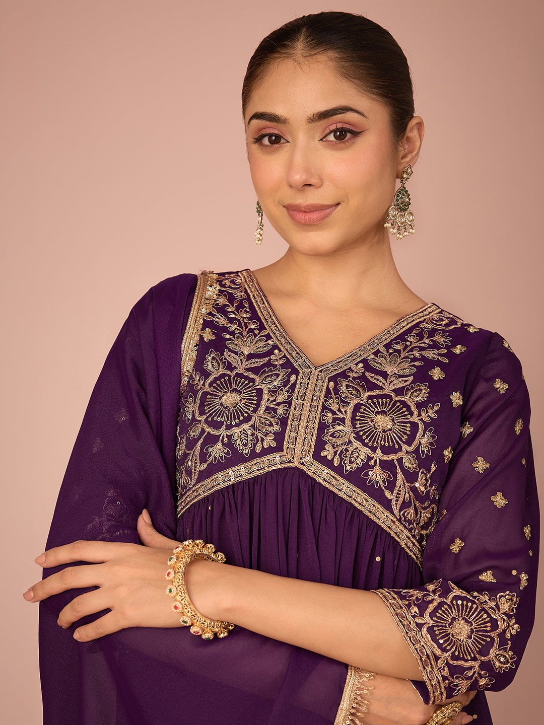 Janasya Women's Wine Georgette Zari Embroidered Foil Printed A-Line Gown with Dupatta Set