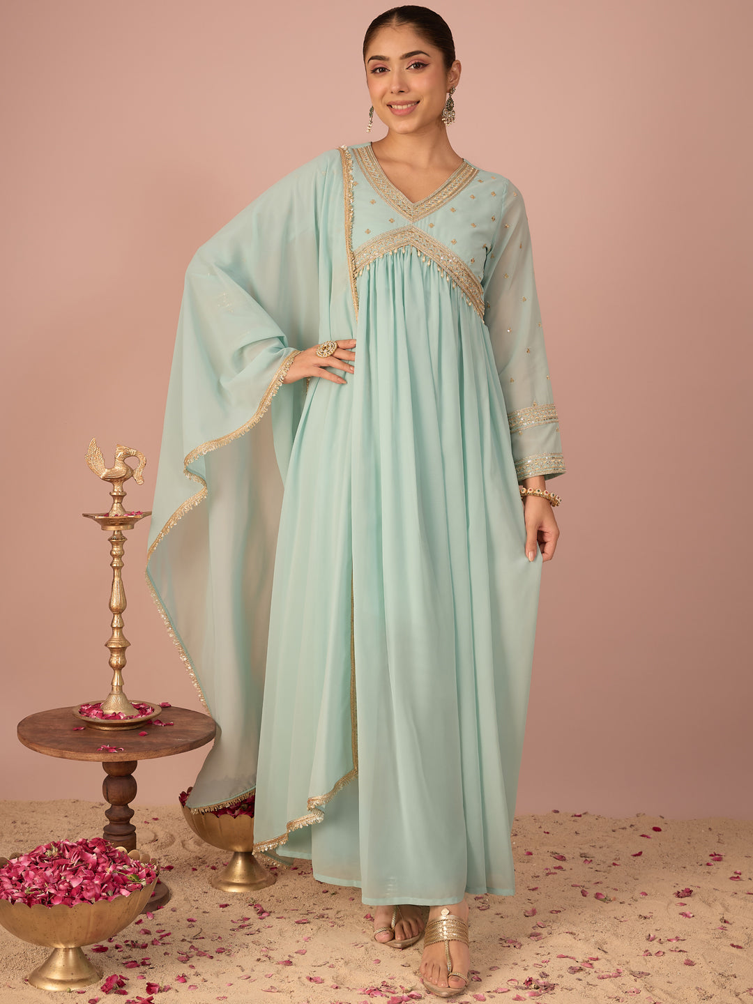Janasya Women's Aqua Georgette Floral Sequins And Zari Yoke Embroidered A-Line Gown with Dupatta Set