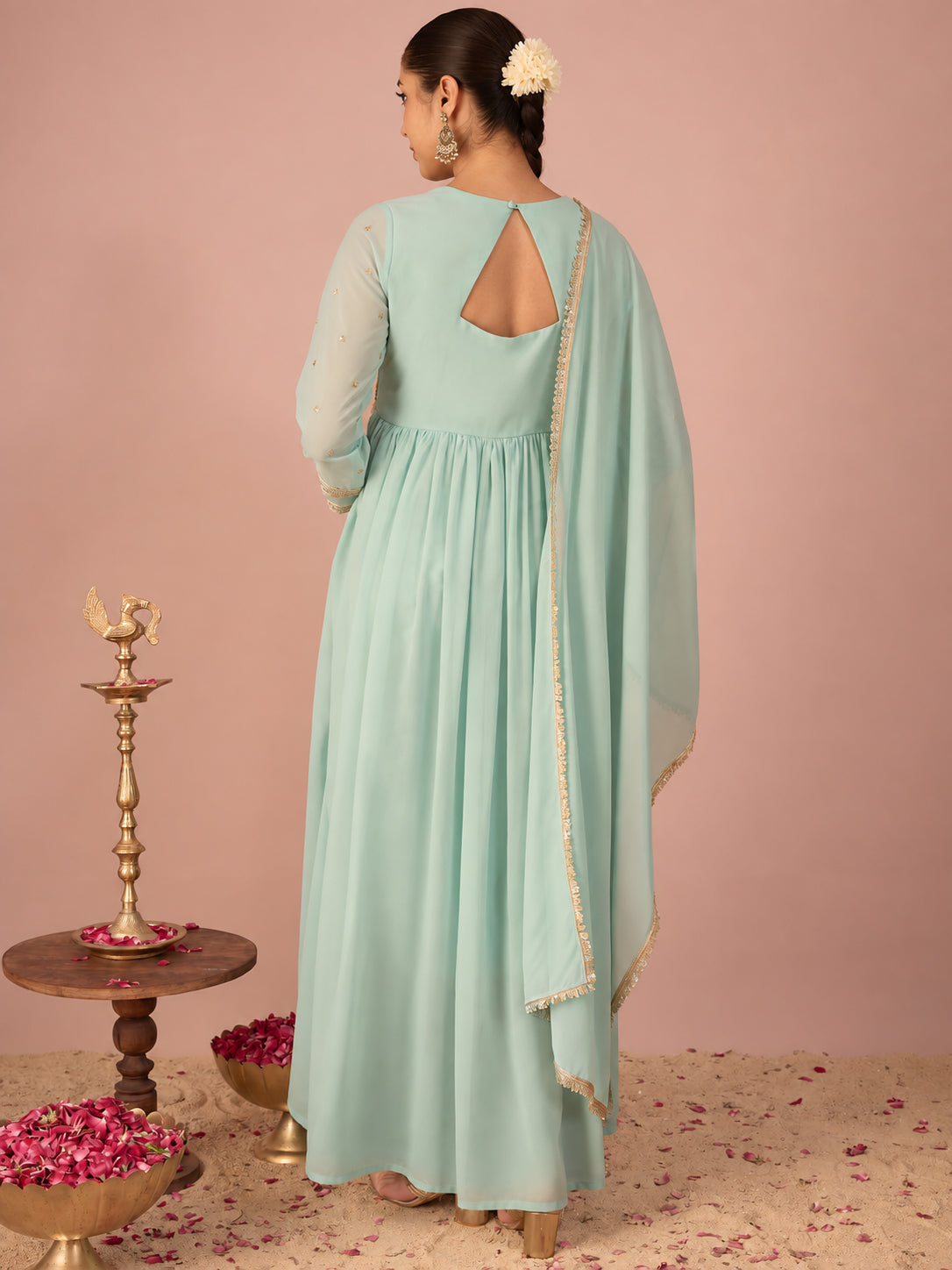Janasya Women's Aqua Georgette Floral Sequins And Zari Yoke Embroidered A-Line Gown with Dupatta Set