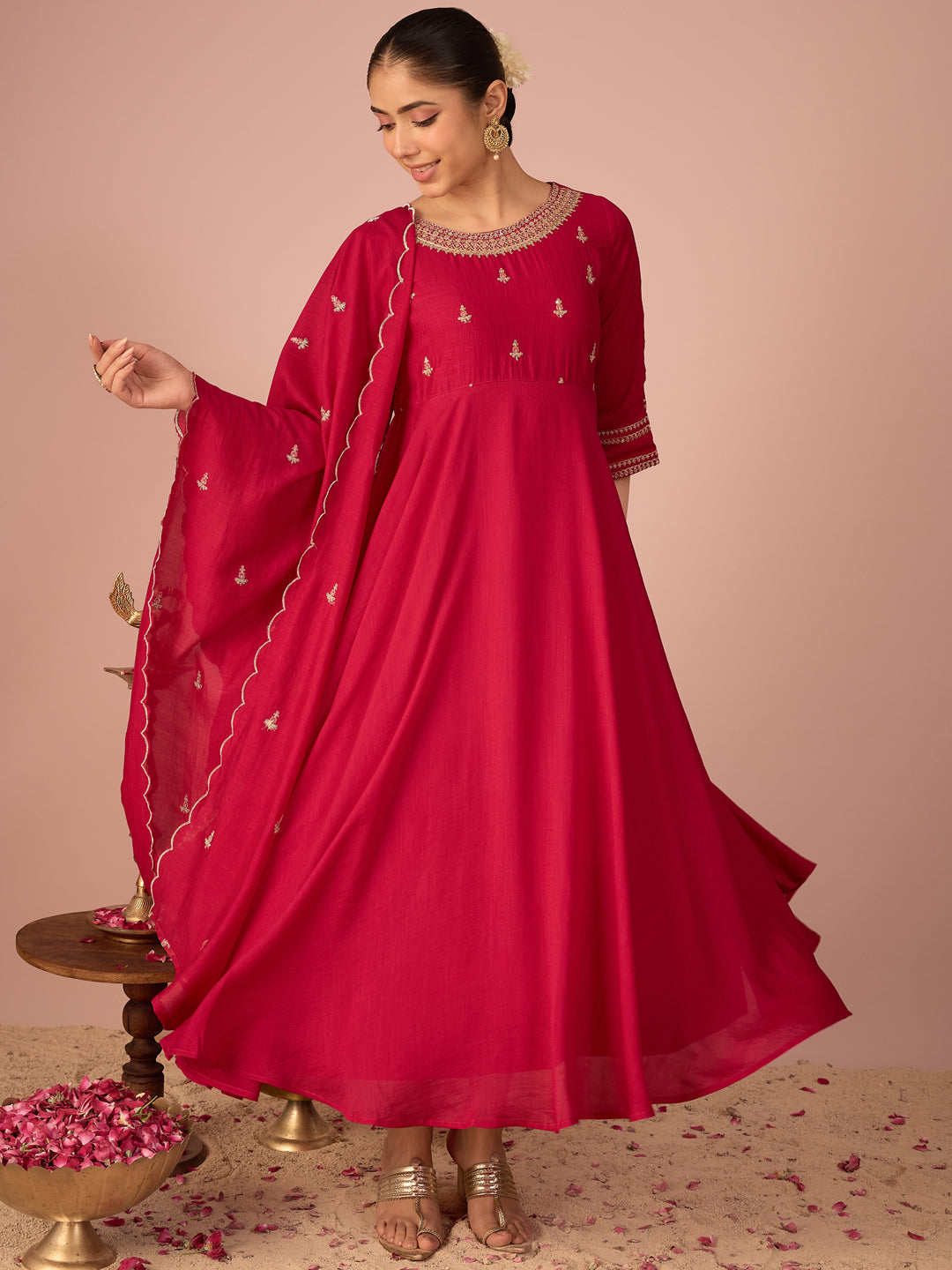 Janasya Women's Pink Silk Blend Floral Sequins And Zari Yoke Embroidered A-Line Gown with Dupatta Set