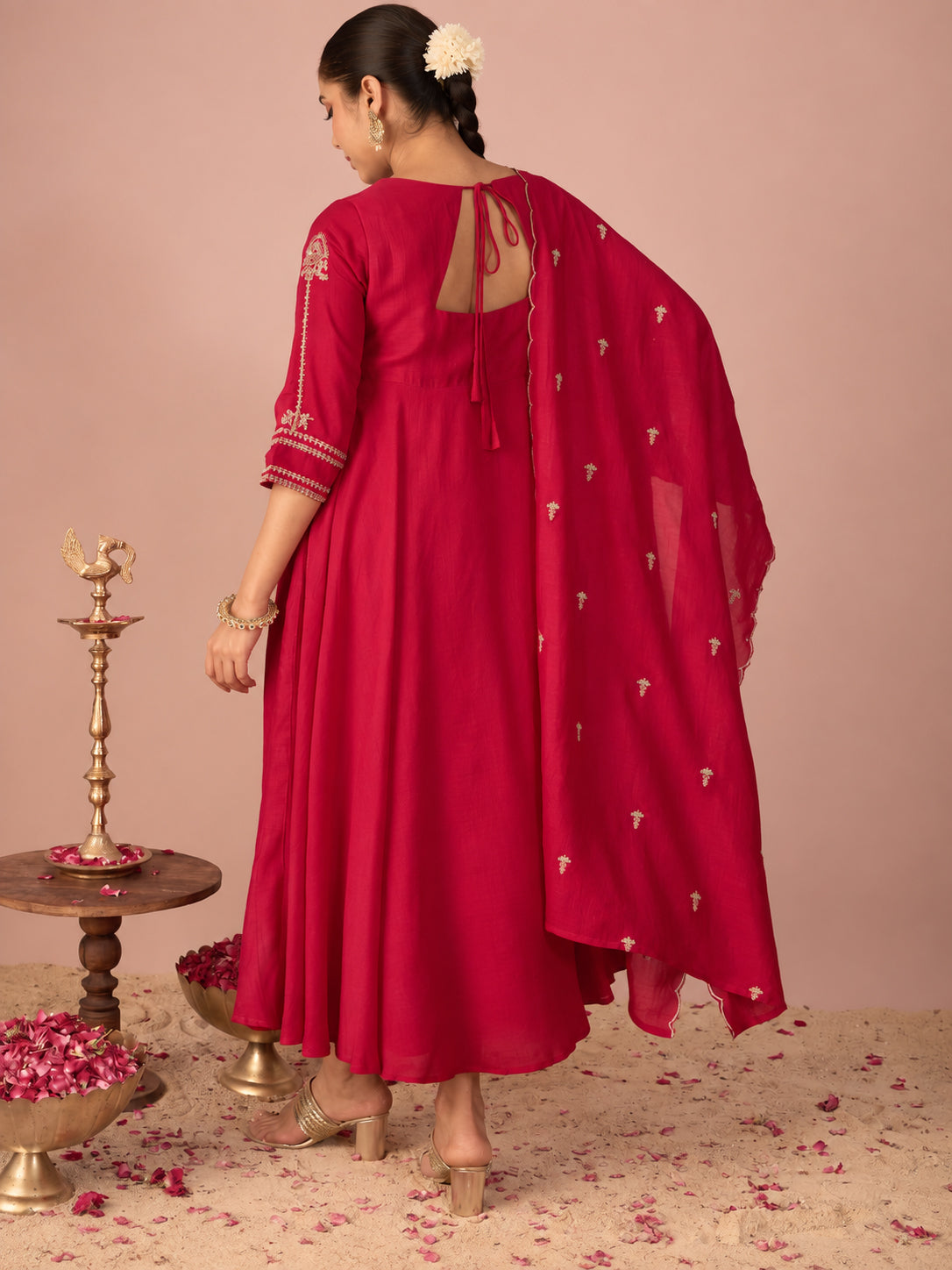 Janasya Women's Pink Silk Blend Floral Sequins And Zari Yoke Embroidered A-Line Gown with Dupatta Set