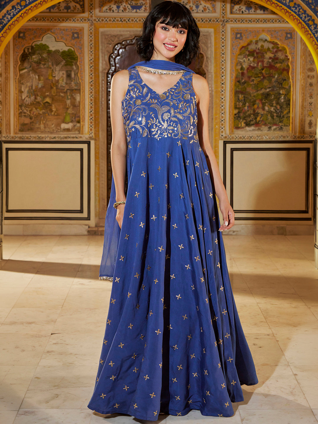 Janasya Women's Blue Chanderi Silk Floral Zari Embroidered A-Line Gown with Dupatta Set
