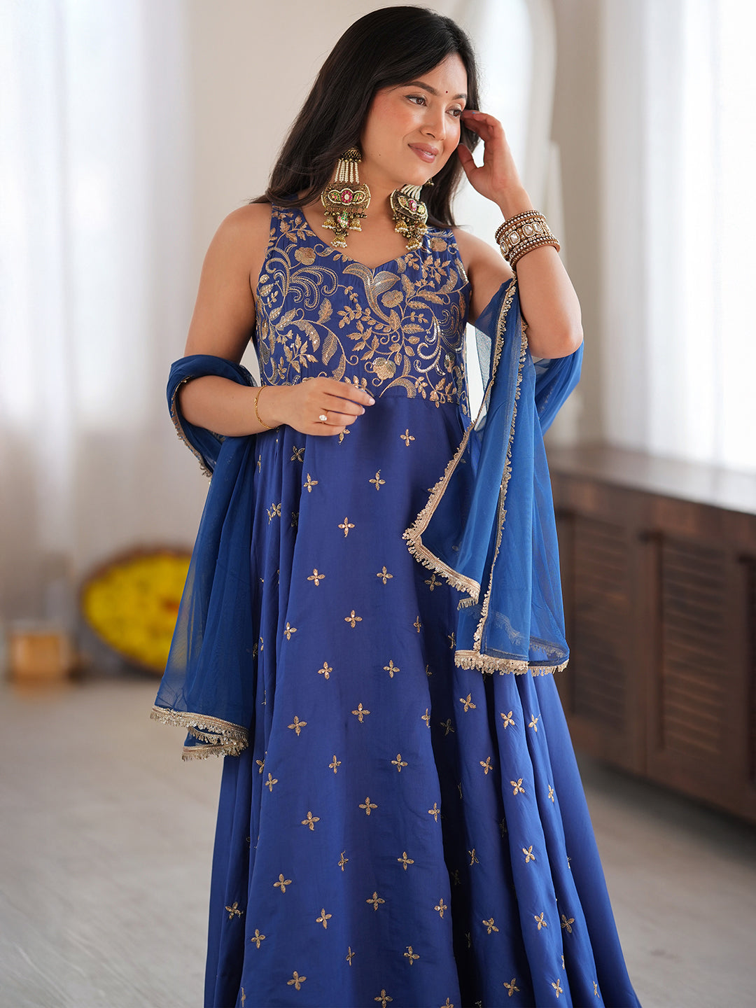 Janasya Women's Blue Chanderi Silk Floral Zari Embroidered A-Line Gown with Dupatta Set