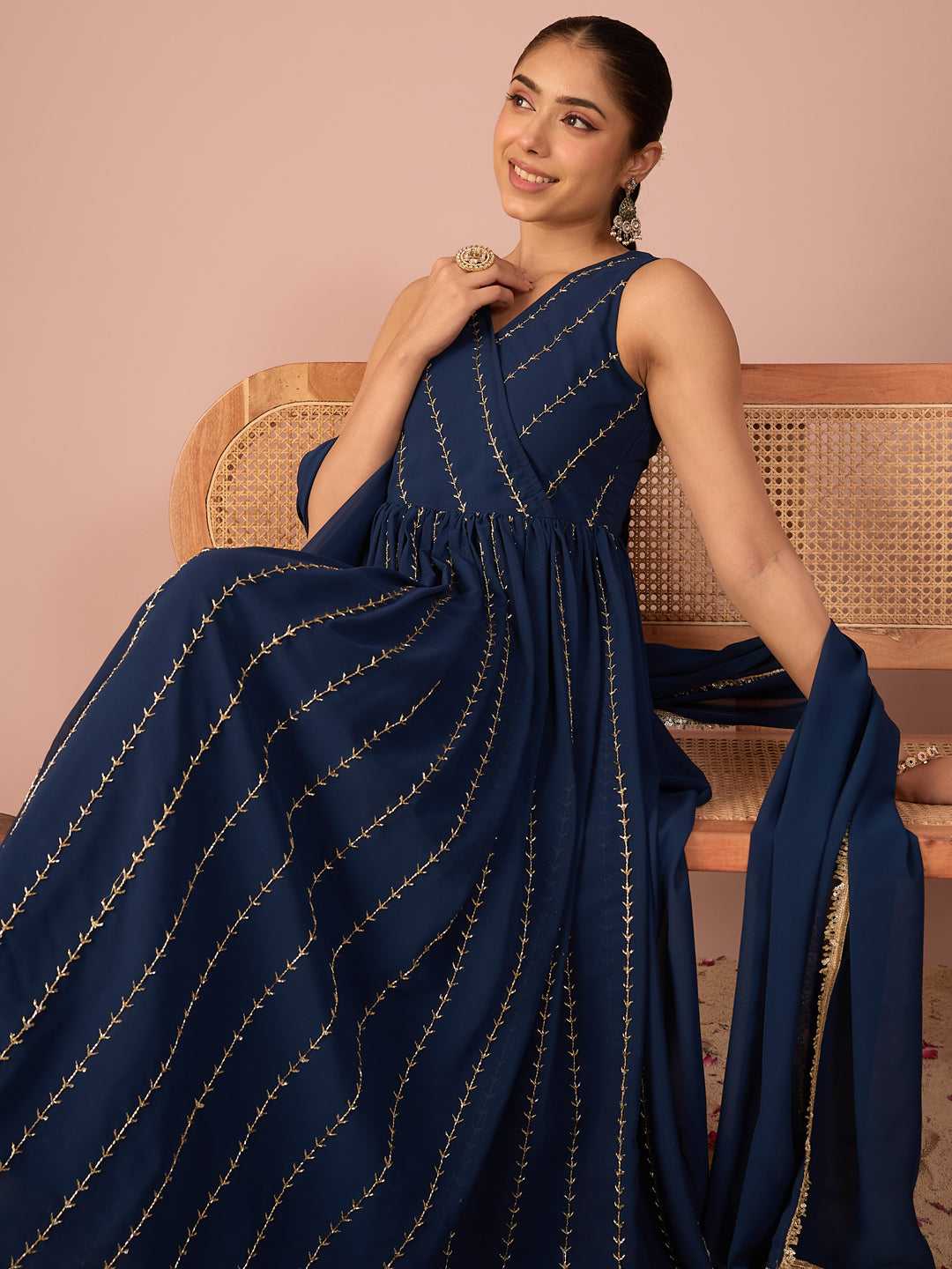 Janasya Women's Navy Blue Georgette Pearls Embroidered Wrap Style A-Line Gown with Dupatta Set