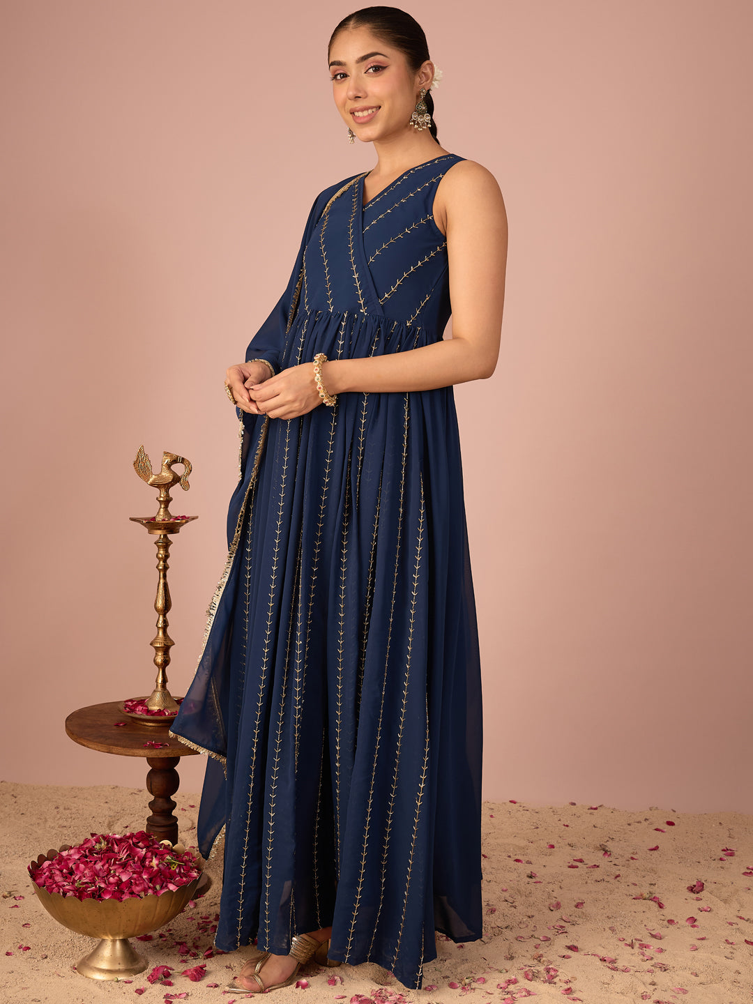 Janasya Women's Navy Blue Georgette Pearls Embroidered Wrap Style A-Line Gown with Dupatta Set