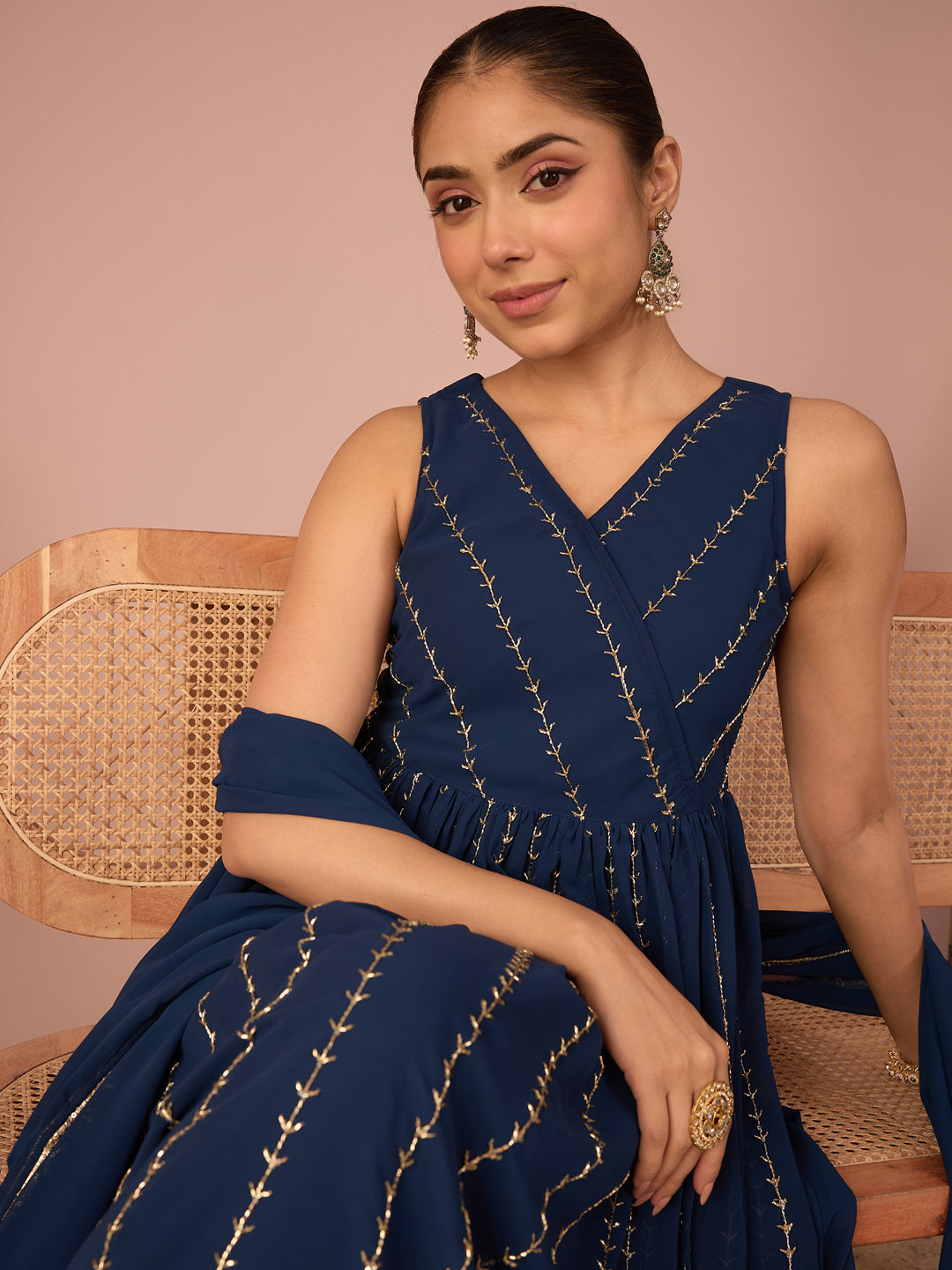 Janasya Women's Navy Blue Georgette Pearls Embroidered Wrap Style A-Line Gown with Dupatta Set
