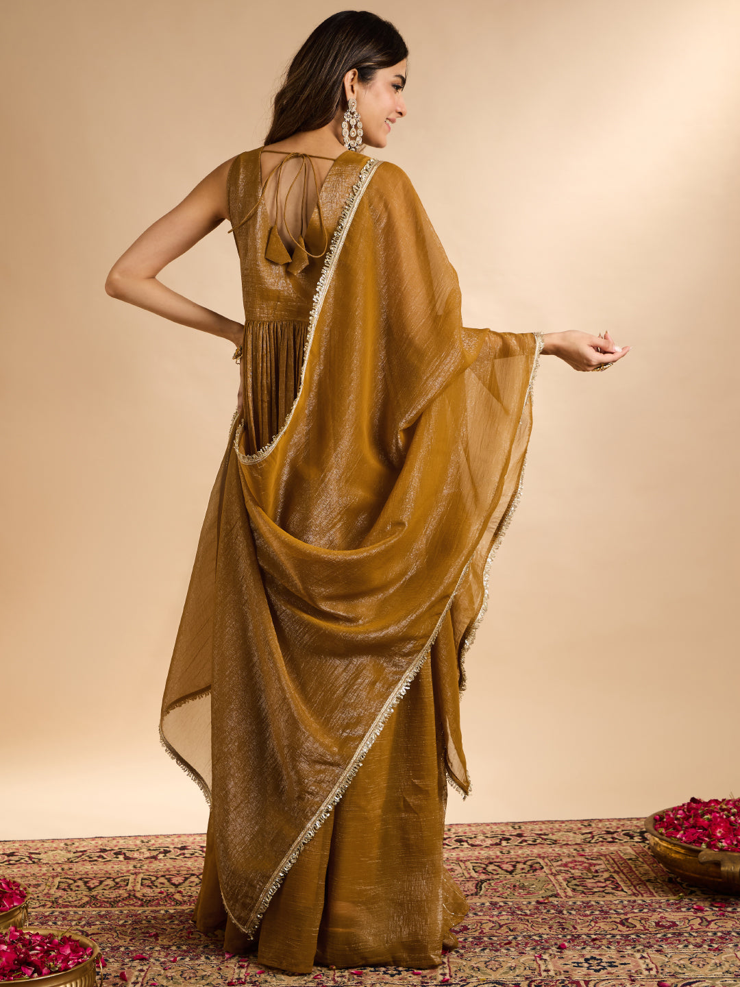 Janasya Women's Olive Mustard Tissue Silk Sequin Beads Embroidered A-Line Gown with Dupatta Set