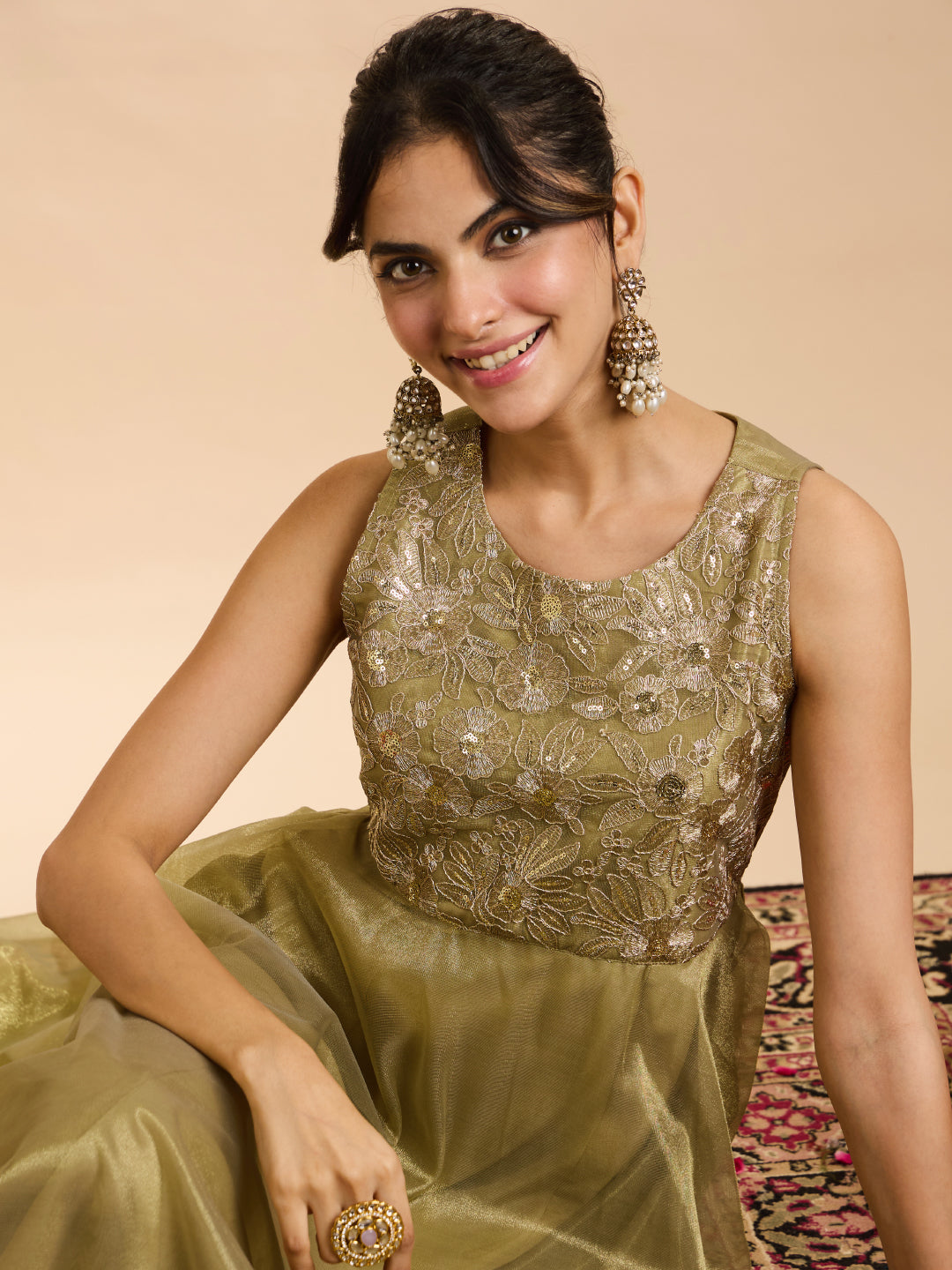 Janasya Women's Olive Green Shimmer Net Floral Zari Yoke Embroidered A-Line Gown