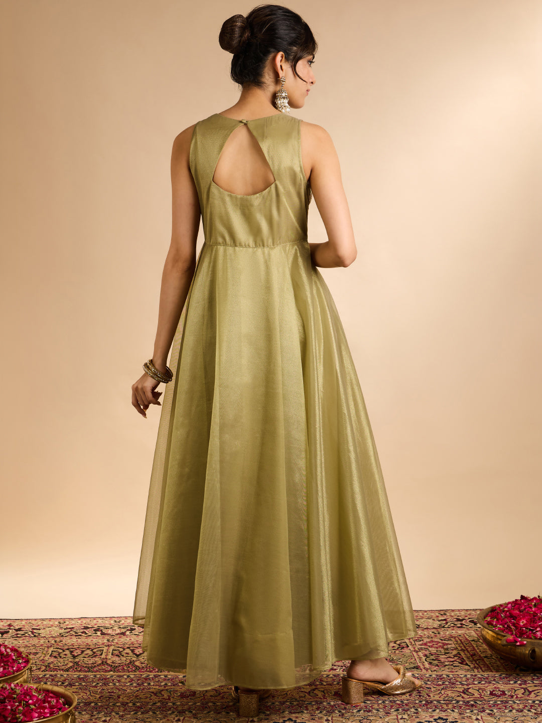 Janasya Women's Olive Green Shimmer Net Floral Zari Yoke Embroidered A-Line Gown